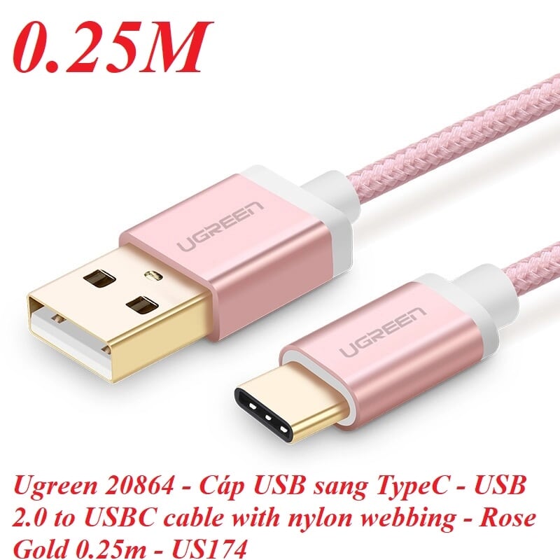 Ugreen 20864 0.25M màu Hồng Dây USB 2.0 sang Type-C đầu nhôm dây bọc vinyl US174