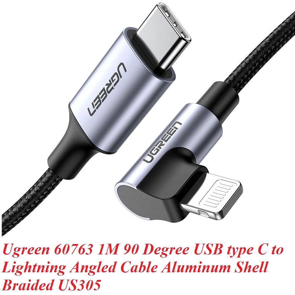 Ugreen 60763 1M MFI đầu lightning bẻ 90 độ cáp USB type C ra Lightning bọc nhôm chống nhiễu màu đen US305