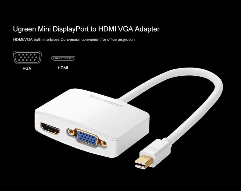 Ugreen 10427 Màu Trắng Bộ chuyển đổi Mini DP sang HDMI + VGA hỗ trợ phân giải 1080P ( không ra cùng 1 lúc ) MD108