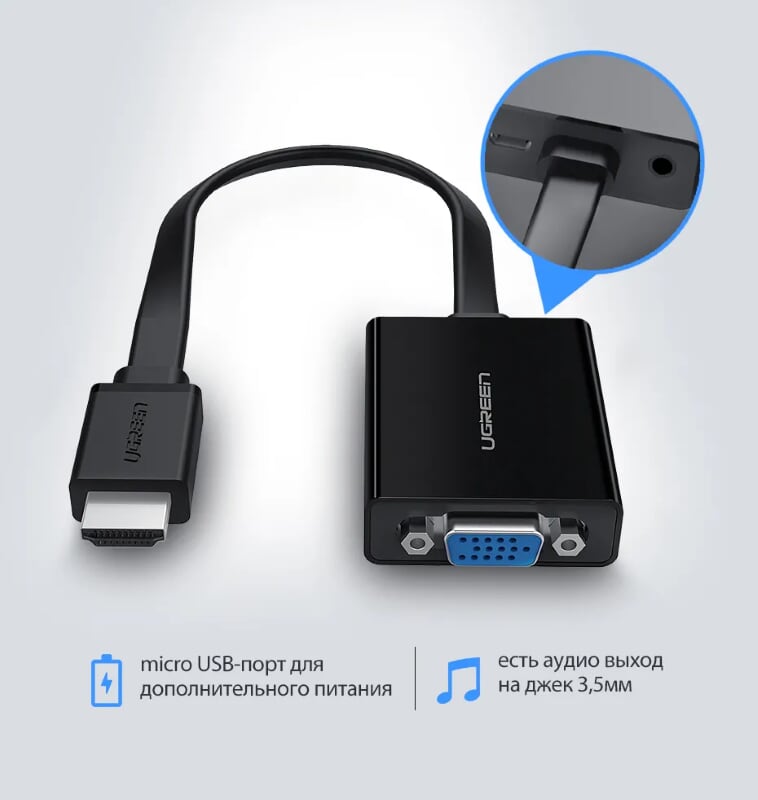 Ugreen 40248 Màu Đen Bộ chuyển HDMI sang VGA dây dẹp kèm cổng âm thanh MM103