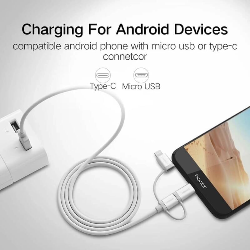 Ugreen 50202 1M Màu Bạc Cáp sạc đa năng USB sang TypeC + Micro + Lightning US186