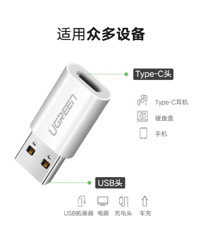 Ugreen 40932 Màu Trắng Đầu chuyển đổi USB 3.0 dương sang TYPE C 3.1 âm US204