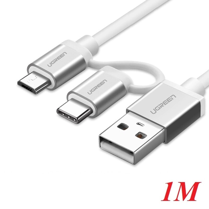 Ugreen 20872 1M màu Bạc Cáp USB-A sang Micro USB + USB-C cao cấp US177