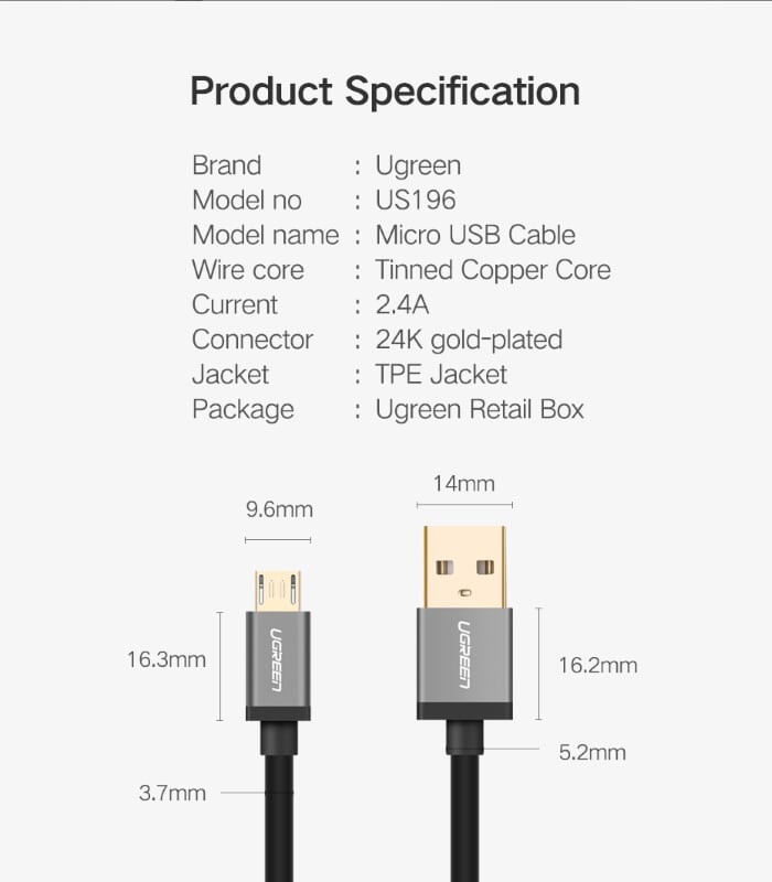 Ugreen 40349 1.5M màu Đen Cáp sạc truyền dữ liệu USB 2.0 sang 2 đầu MICRO USB cao cấp US196