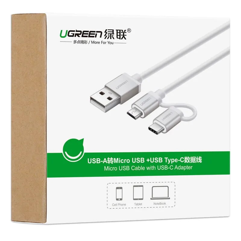 Ugreen 20873 1.5M màu Bạc Cáp USB-A sang Micro USB + USB-C cao cấp US177