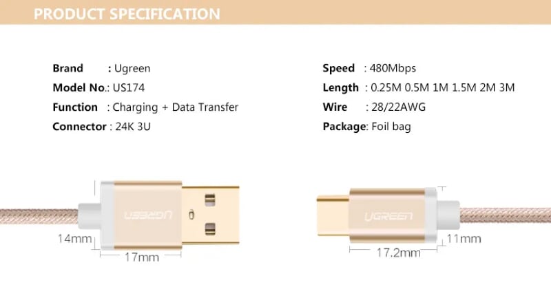 Ugreen 20862 2M màu Vàng Dây USB 2.0 sang Type-C đầu nhôm dây bọc vinyl US174