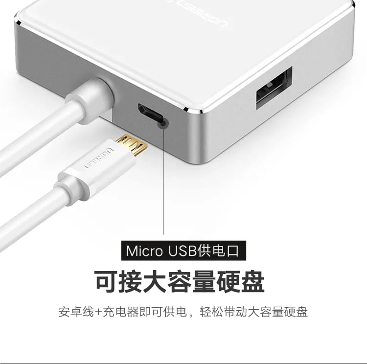 Ugreen 20797 1M màu Vàng Bộ chia HUB USB 2.0 sang 4 USB 2.0 vỏ hợp kim nhôm hỗ trợ nguồn 5V US170