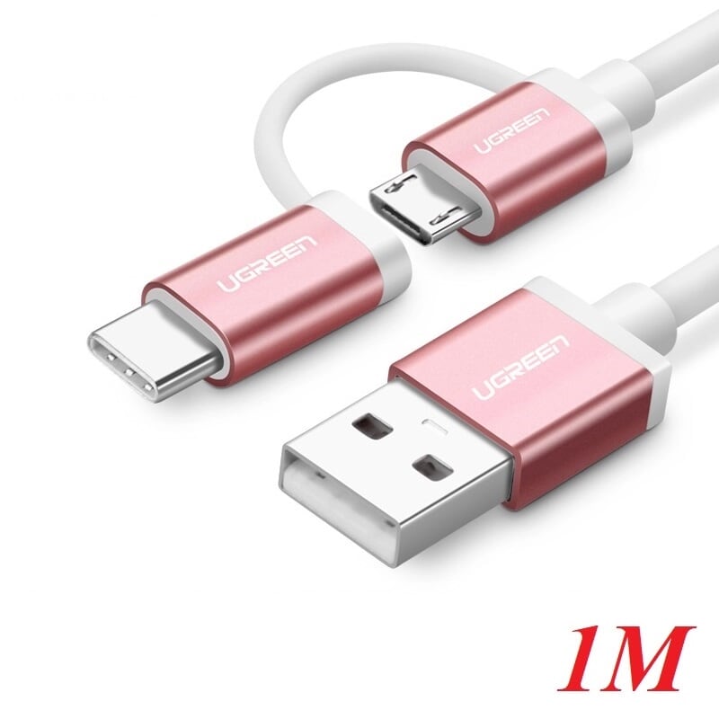 Ugreen 30543 1M màu Hồng Cáp USB-A sang Micro USB + USB-C cao cấp US177