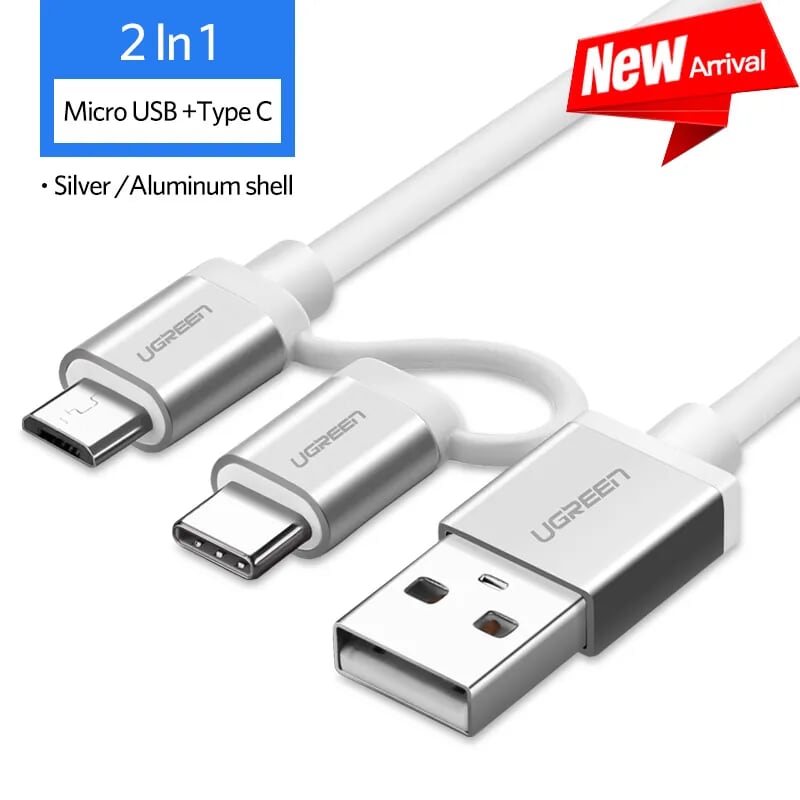 Ugreen 20873 1.5M màu Bạc Cáp USB-A sang Micro USB + USB-C cao cấp US177