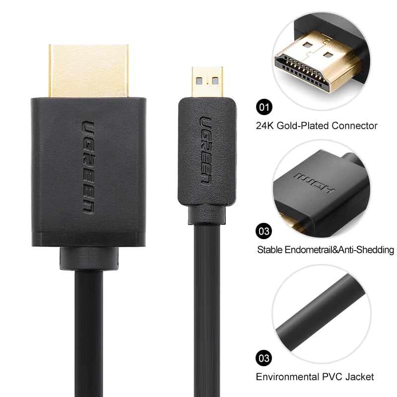 Ugreen 30103 2M màu Đen Cáp chuyển đổi Micro HDMI sang HDMI thuần đồng HD127