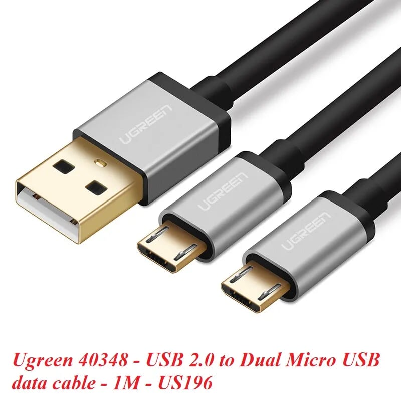 Ugreen 40348 1M màu Đen Cáp sạc truyền dữ liệu USB 2.0 sang 2 đầu MICRO USB cao cấp US196