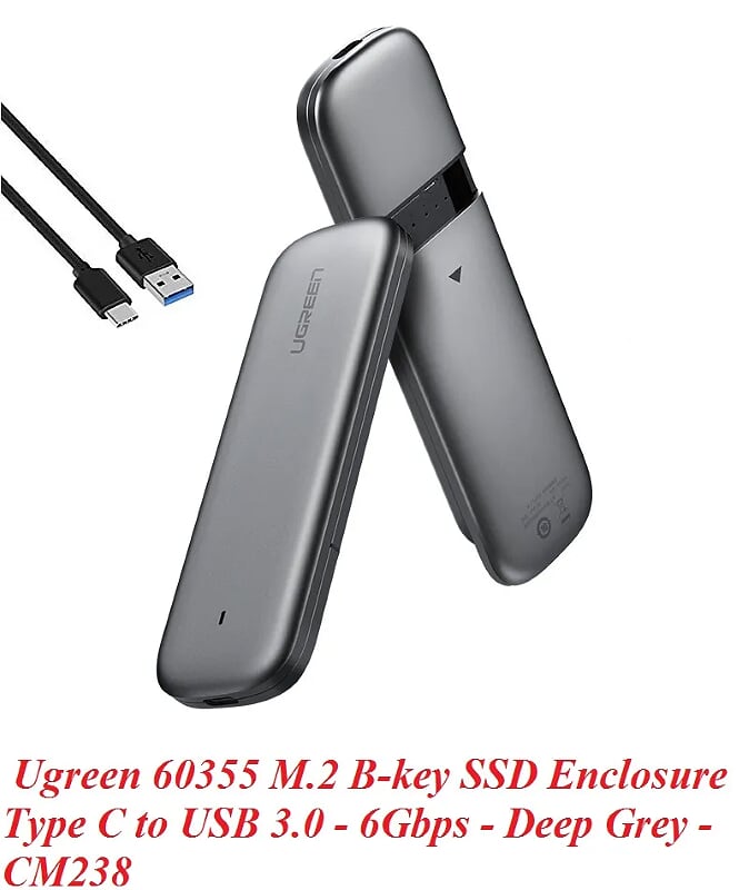 Ugreen 60355 6Gbps M.2 B-key SSD NGFF hộp box cổng Type C hoặc USB 3.0 màu xám đen CM238