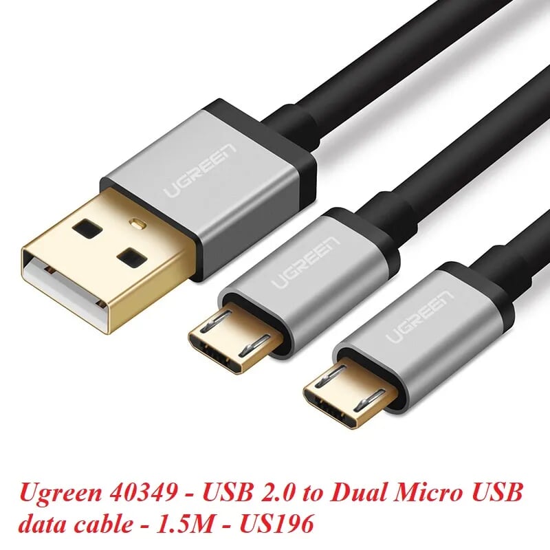 Ugreen 40349 1.5M màu Đen Cáp sạc truyền dữ liệu USB 2.0 sang 2 đầu MICRO USB cao cấp US196