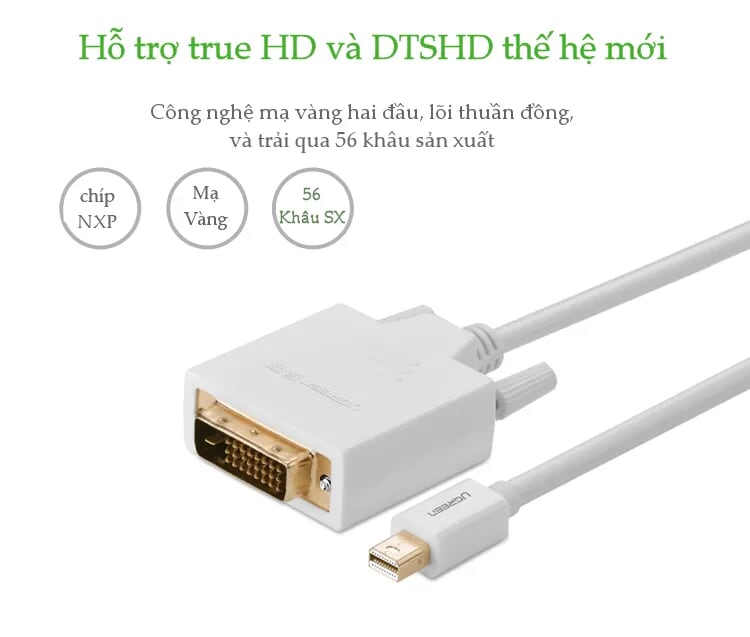 Ugreen 10443 1.5M Màu Trắng Cáp chuyển đổi Mini DP sang DVI 24+1 hỗ trợ phân giải 1080P MD102