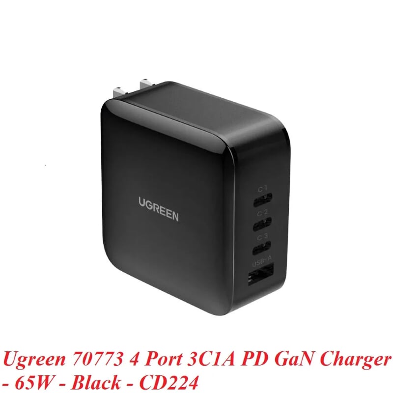 Ugreen 70773 65W 3C+1A PD3.0 GaN sạc siêu nhanh 4 cổng 3x type C và 1x A màu đen CD224