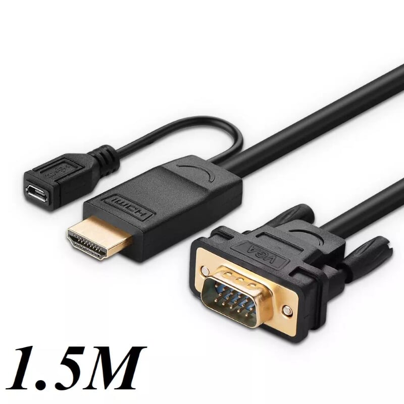 Ugreen 30449 1.5M màu Đen Cáp chuyển đỗi HDMI sang VGA kèm cổng trợ nguồn Micro USB MM101