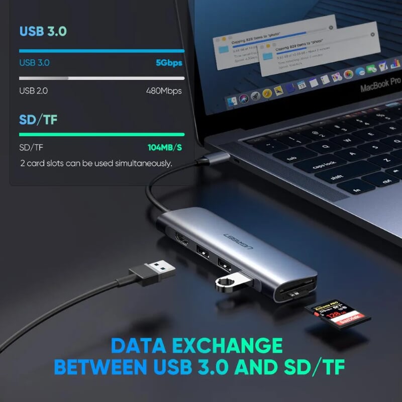 Ugreen 70410 15CM bộ chuyển đổi USB Type-C sang HDMI + TF/SD + 3 cổng USB 3.0 màu bạc không hỗ trợ PD CM195