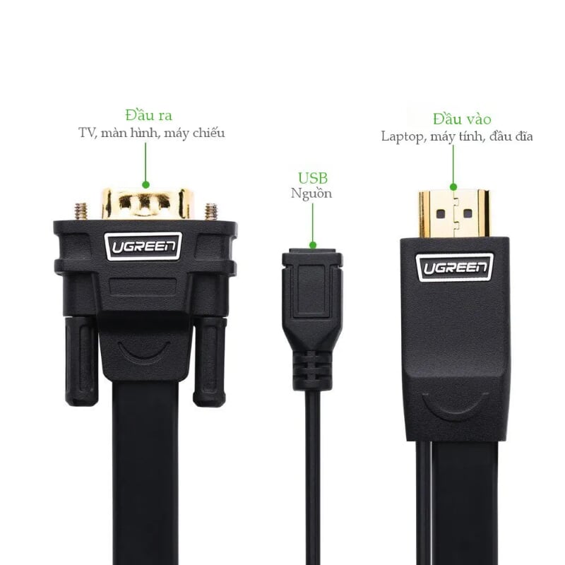 Ugreen 40232 3M màu Đen Cáp chuyển đỗi HDMI sang VGA kèm cổng trợ nguồn Micro USB MM101