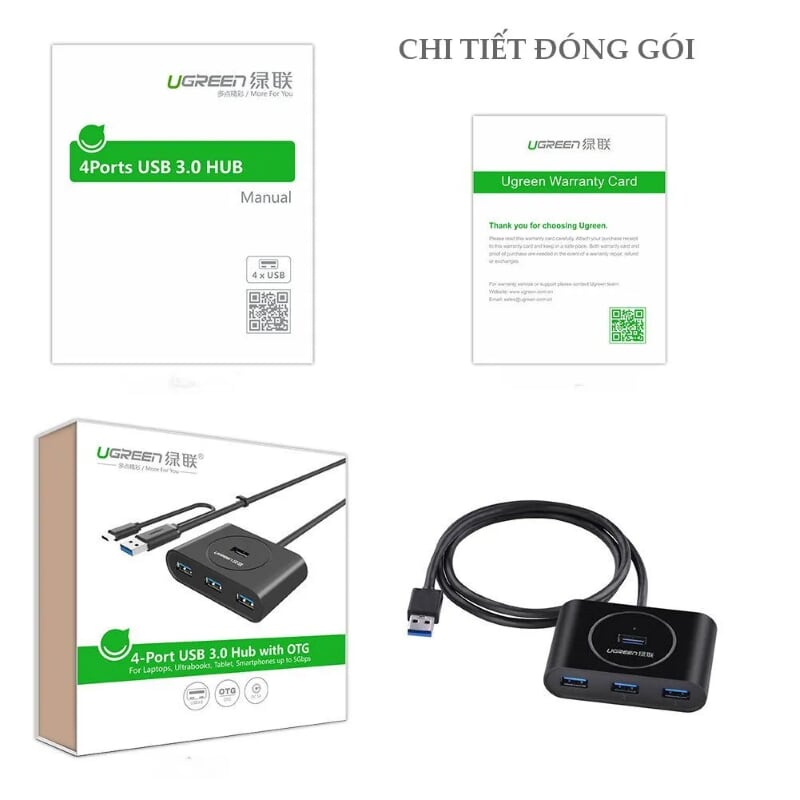 Ugreen 20292 80CM màu Đen Bộ chia HUB USB 3.0 sang 4 USB 3.0 hỗ trợ OTG CR113