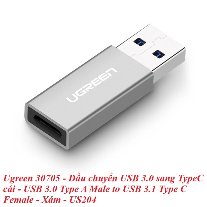 Ugreen 30705 Màu Xám Đầu chuyển đổi USB 3.0 sang TYPE C vỏ nhôm cao cấp US204