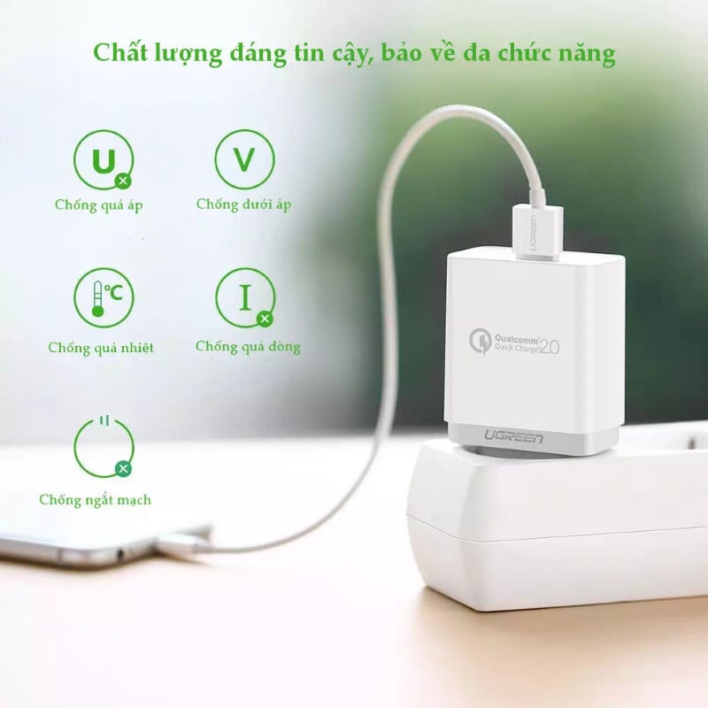 Ugreen 40711 18W màu Trắng Củ sạc nhanh cổng USB chuẩn QC 3.0 CD122