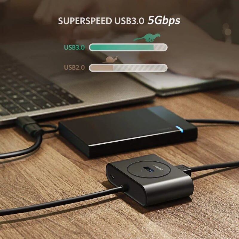 Ugreen 40850 1M Màu Đen Bộ chuyển đổi TYPE C sang 4 USB 3.0 + nguồn MICRO USB hỗ trợ OTG TYPE C CR113