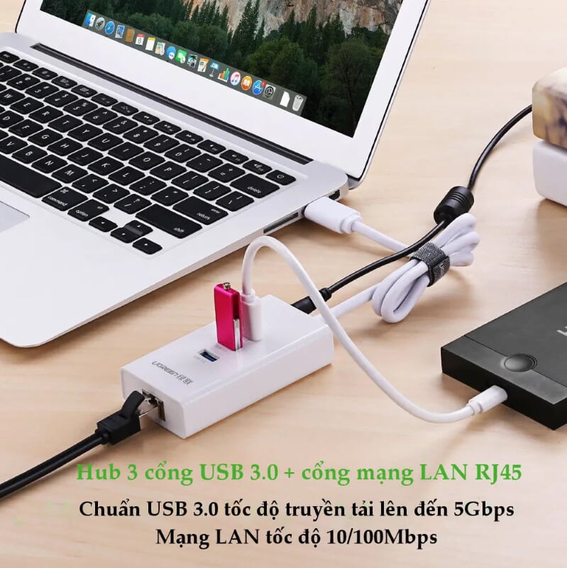 Ugreen 20259 50CM màu Trắng HUB chuyển đổi USB 2.0 sang 3 USB 2.0 + LAN tốc độ 100Mbps CR102