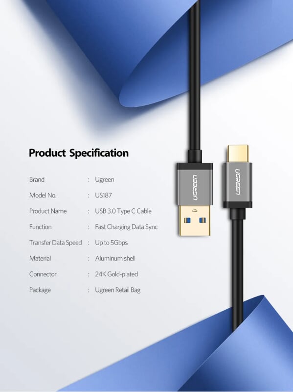 Ugreen 30535 2M màu đen Dây USB 3.0 sang USB-C US187