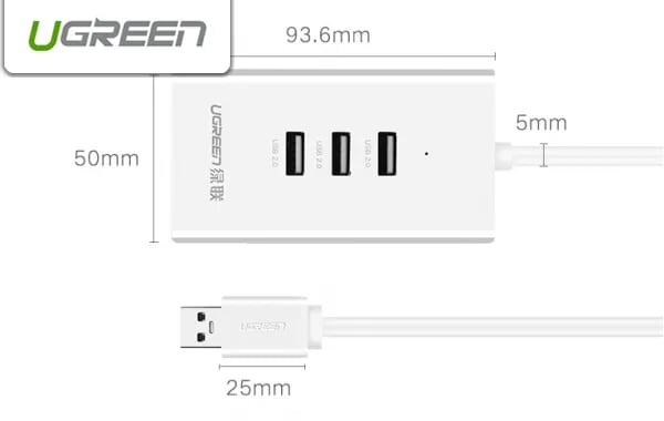 Ugreen 20259 50CM màu Trắng HUB chuyển đổi USB 2.0 sang 3 USB 2.0 + LAN tốc độ 100Mbps CR102