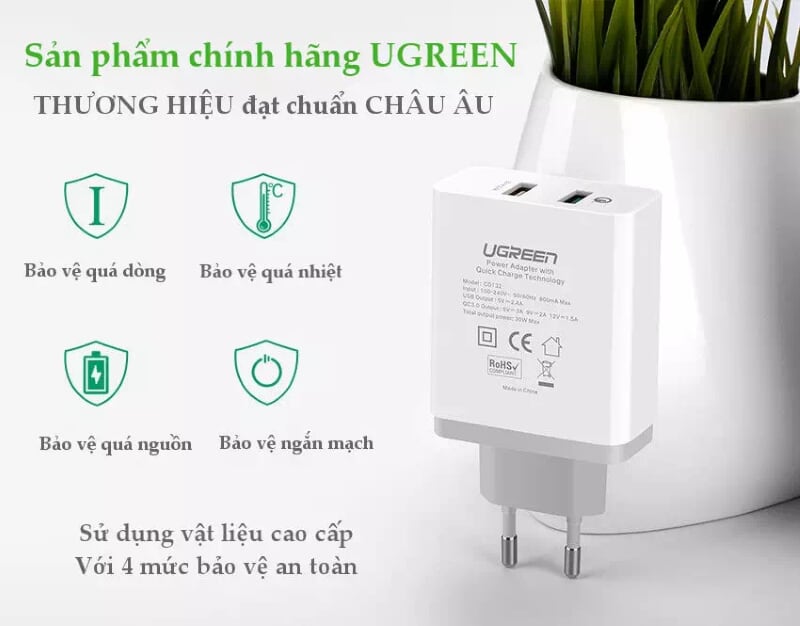 Ugreen 30563 30W màu Trắng Củ sạc nhanh 2 cổng USB chuẩn QC 3.0 + 2.4A CD132