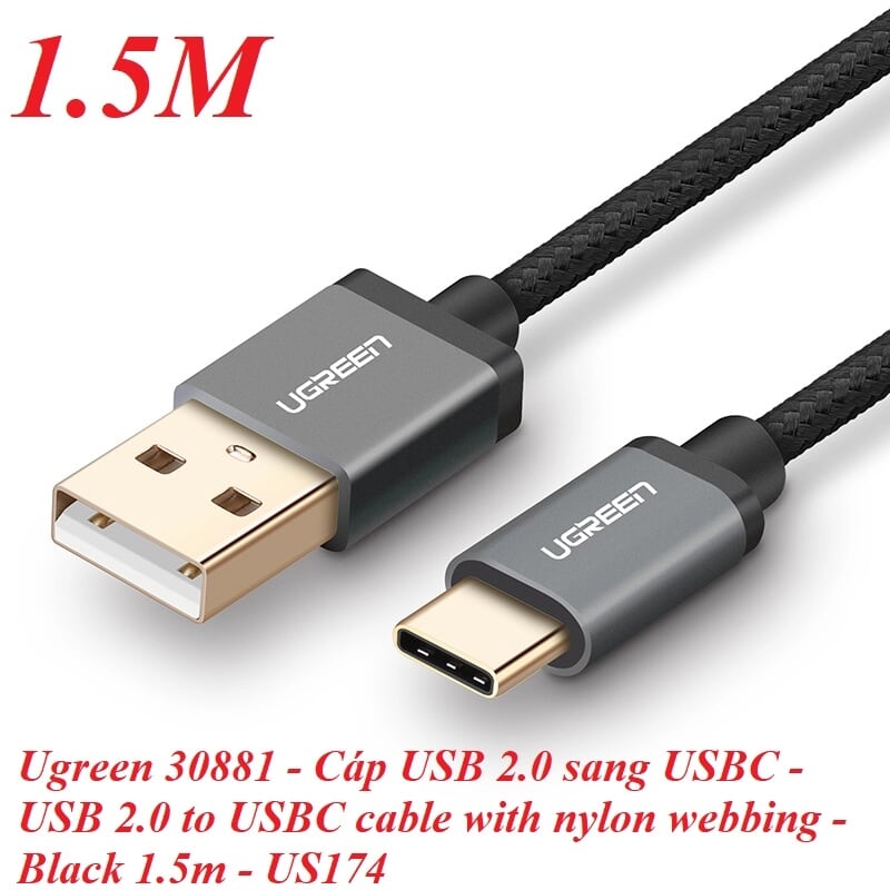 Ugreen 30881 1.5M 3A Màu Đen Cáp USB TypeC sang USB 2.0 Hỗ trợ sạc nhanh dây bên Nylon US174