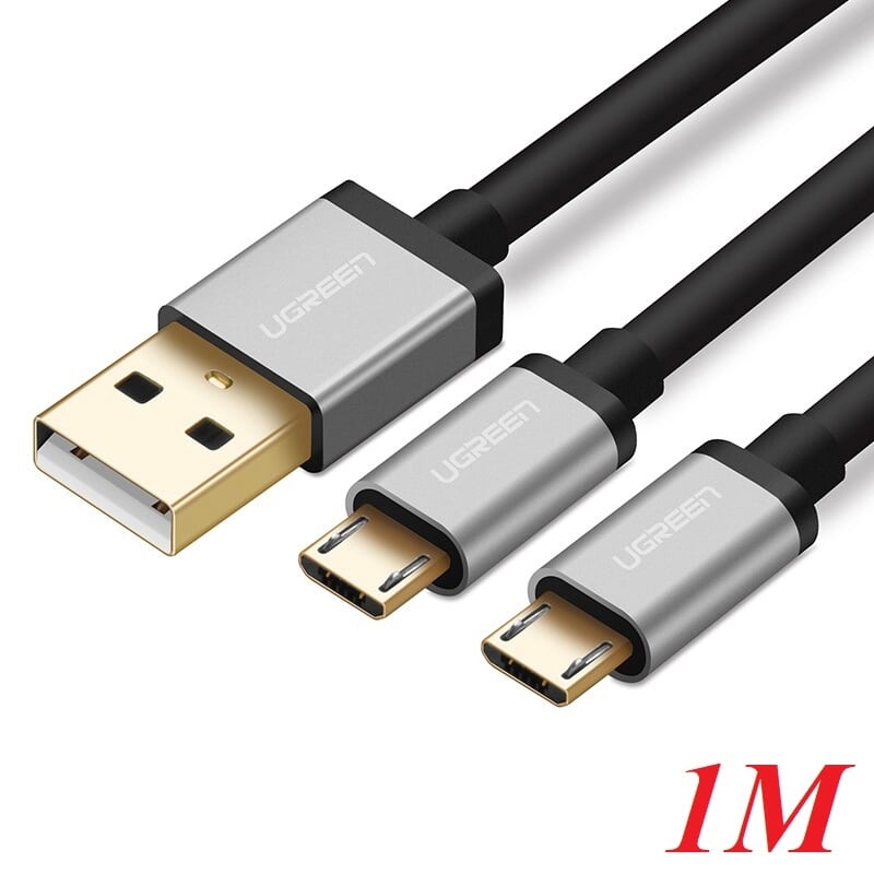 Ugreen 40348 1M màu Đen Cáp sạc truyền dữ liệu USB 2.0 sang 2 đầu MICRO USB cao cấp US196