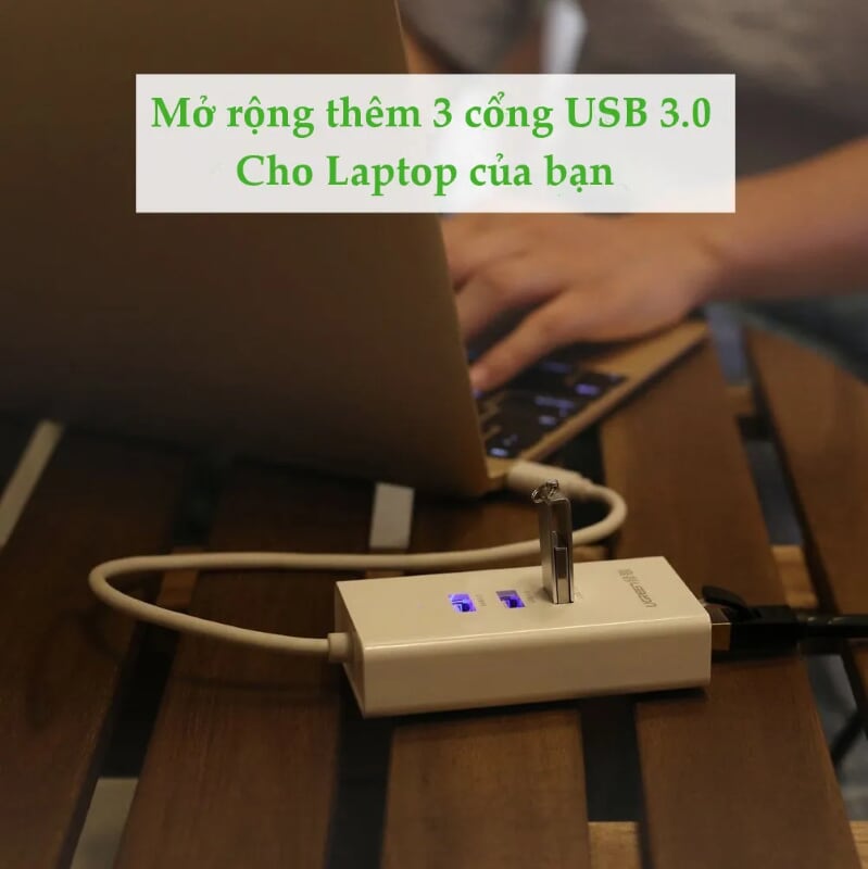 Ugreen 20259 50CM màu Trắng HUB chuyển đổi USB 2.0 sang 3 USB 2.0 + LAN tốc độ 100Mbps CR102