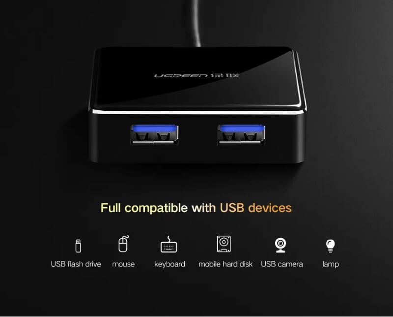 Ugreen 20786 20CM màu Đen Bộ chia HUB USB 3.0 sang 4 USB 3.0 hỗ trợ nguồn 5V US168