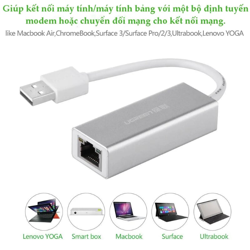 Ugreen 20257 15CM màu Bạc Cáp chuyển đổi USB 2.0 sang cổng LAN RJ45 tốc độ 100Mbps vỏ nhôm 20257