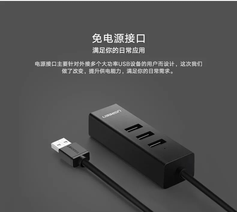 Ugreen 30298 30CM màu Đen HUB chuyển đổi USB 2.0 sang 3 USB 2.0 + LAN tốc độ 100Mbps CR129