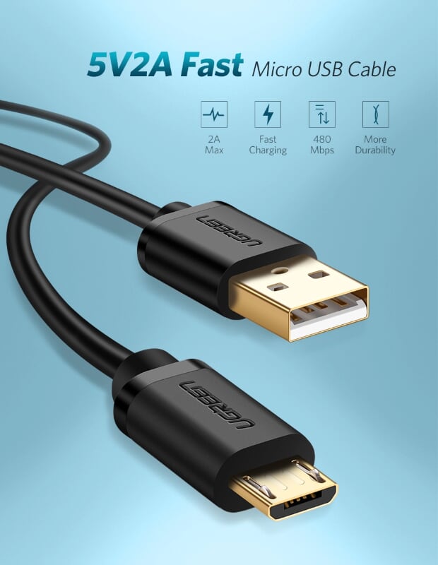 Ugreen 10834 0.25M màu Đen Cáp sạc truyền dữ liệu USB 2.0 sang MICRO USB lõi đồng US125