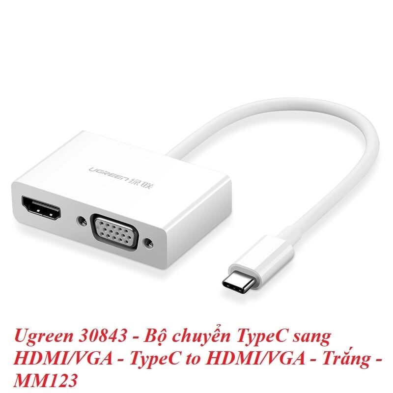 Ugreen 30843 15CM màu Trắng Bộ chuyển đổi TYPE C sang HDMI + VGA vỏ bọc nhựa ABS MM123