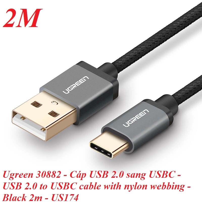 Ugreen 30882 2M 3A Màu Đen Cáp USB TypeC sang USB 2.0 Hỗ trợ sạc nhanh dây bên Nylon US174