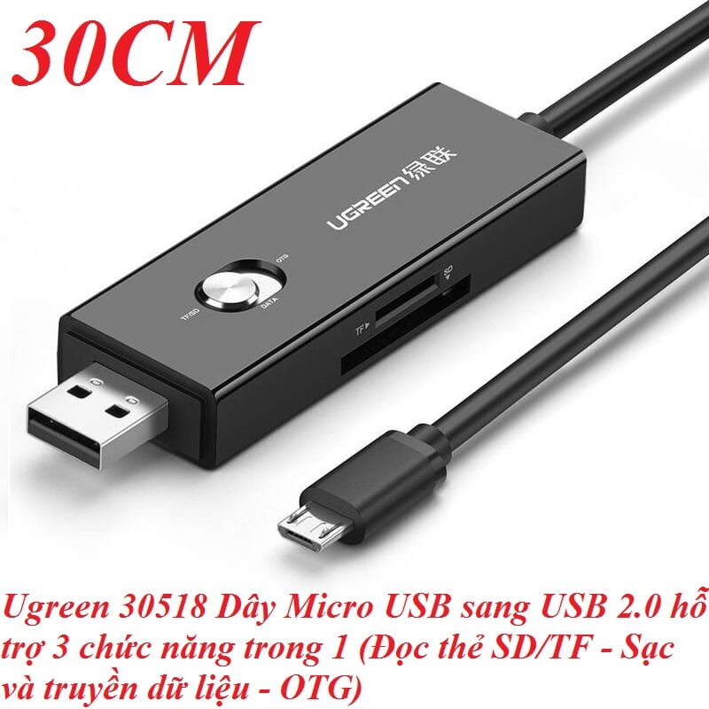 Ugreen 30518 30CM màu Đen Cáp chuyển MICRO USB sang USB 2.0 đọc thẻ SD + TF hỗ trợ OTG 30518