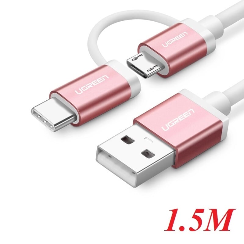 Ugreen 30544 1.5M màu Hồng Cáp USB-A sang Micro USB + USB-C cao cấp US177