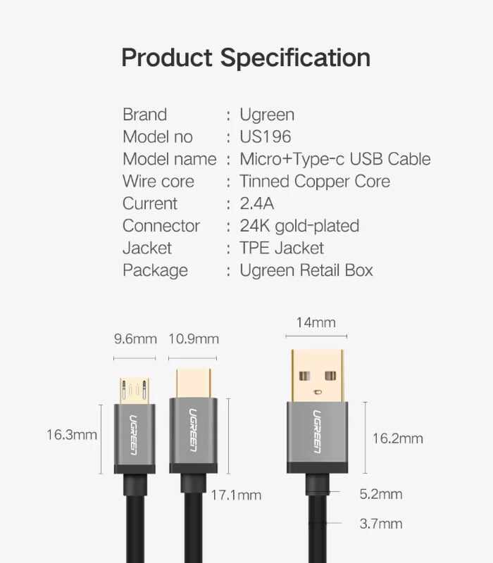 Ugreen 30573 1.5m màu xanh Cáp dữ liệu USB 2trong1 micro+ Type-C truyền dữ liệu từ máy tính ra điện thoại US196