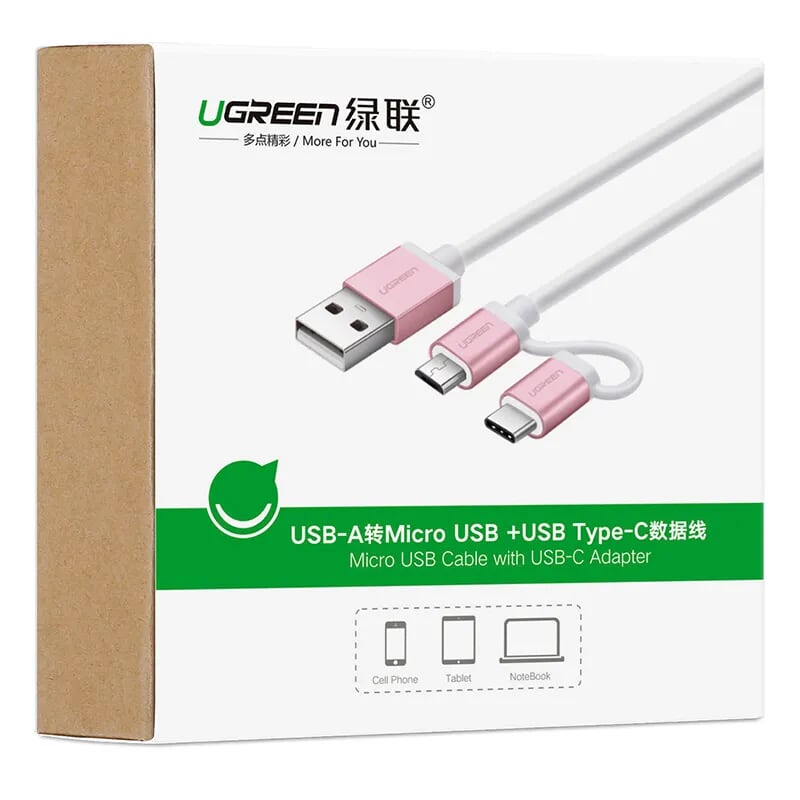 Ugreen 30545 2M màu Hồng Cáp USB-A sang Micro USB + USB-C cao cấp US177