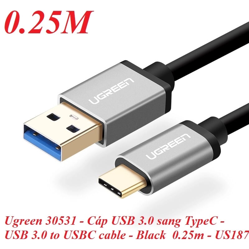 Ugreen 30531 0.25M màu Đen Cáp dữ liệu USB Type-C sang USB 3.0 truyền dữ liệu từ máy tính ra điện thoại US187