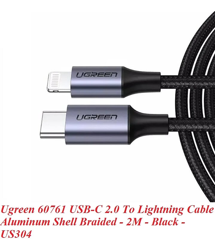 Ugreen 60761 2m cáp usb type c ra lightning bọc nhôm chống nhiễu màu đen US304