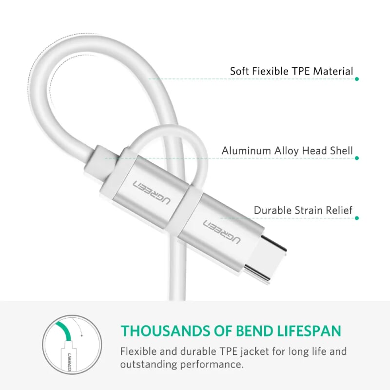 Ugreen 20871 0.5M màu trắng Dây USB 2.0 sang Type-C đầu nhôm US177