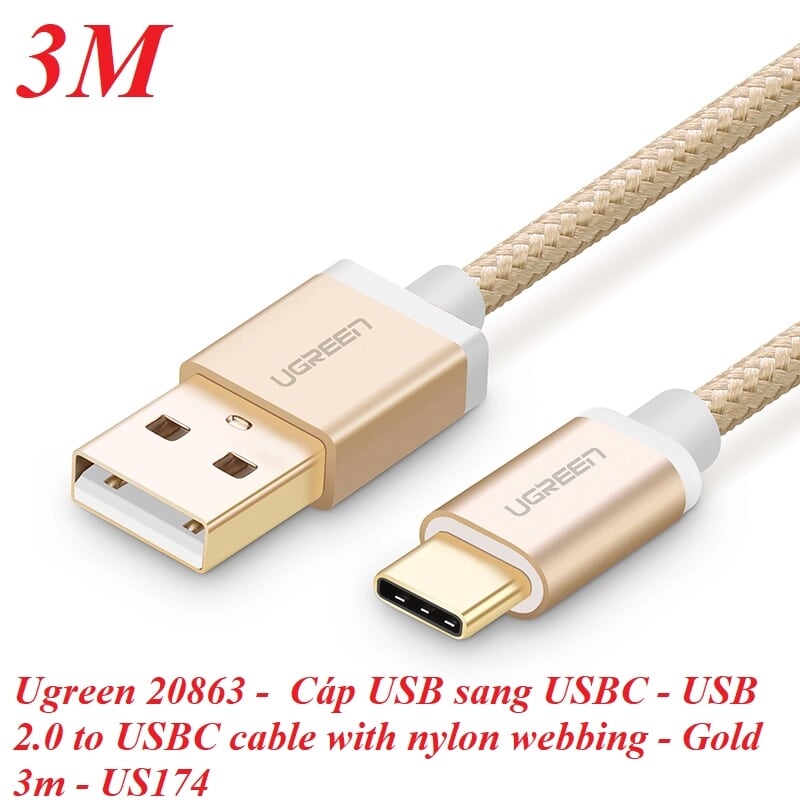 Ugreen 20863 3M màu Vàng Dây USB 2.0 sang Type-C đầu nhôm dây bọc vinyl US174