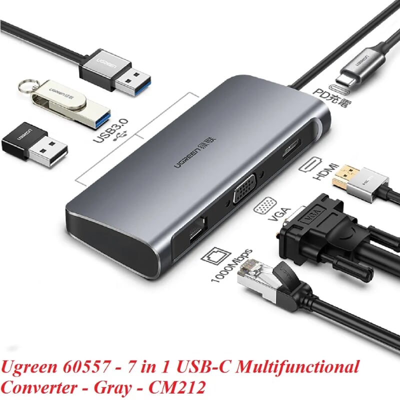 Ugreen 60557 Bộ chuyển đổi TYPE C sang 3 USB 3.0 + HDMI + VGA + LAN + nguồn TYPE C CM256