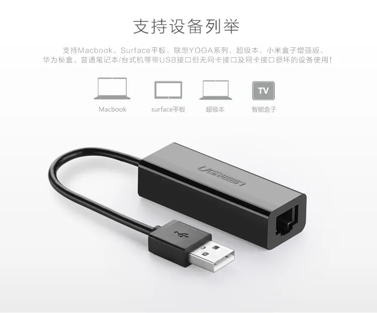 Ugreen 30296 15CM màu Đen Cáp chuyển đổi USB 2.0 sang cổng LAN RJ45 tốc độ 100Mbps vỏ nhựa CR128