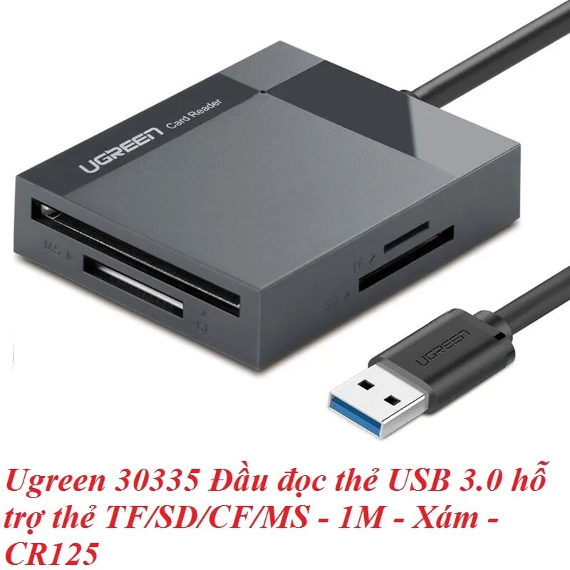 Ugreen 30335 1M Màu Xám Đầu đọc thẻ USB 3.0 hỗ trợ thẻ TF/SD/CF/MS CR125